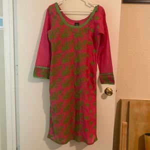 Aari Embroidered Kurti/Kurta Tunic - Size Medium - Hot Pink/Lime Green